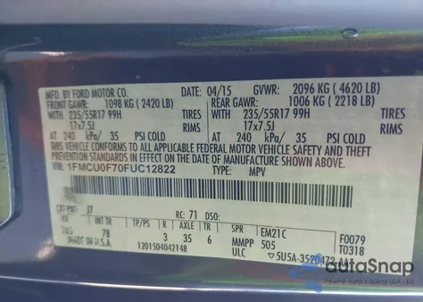 2015 Ford Escape S z USA, uszkodzony, nr VIN 1FMCU0F70FUC12822